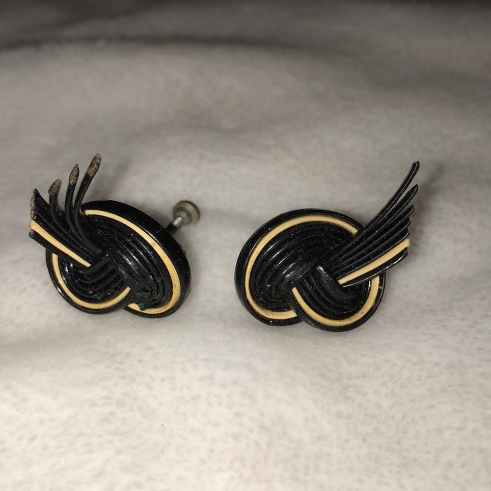 Vtg screwback Black cream earrings Rock a Billy